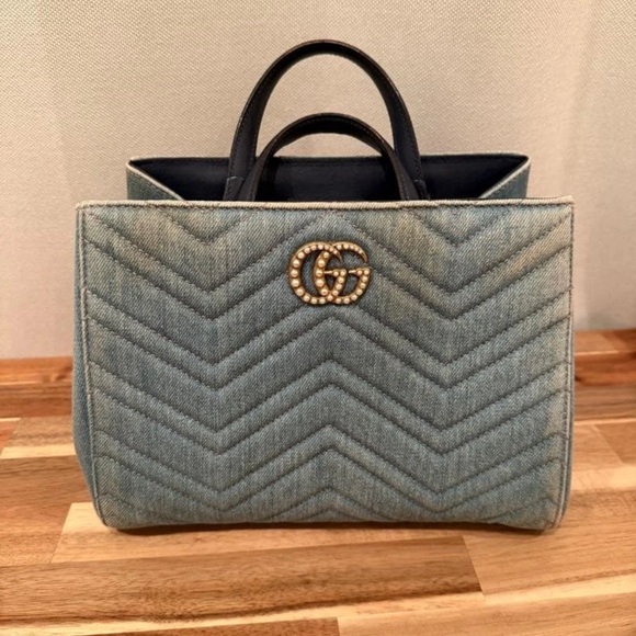 Gucci Handbags - Gucci Denim Chevron Tote with Gold Accent
